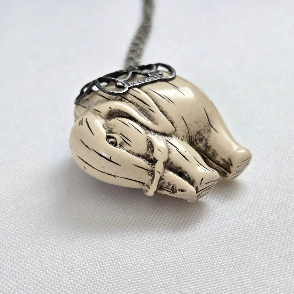 Vintage Elephant Necklace Carved Celluloid Pendant Silvertone Chain Classic Boho